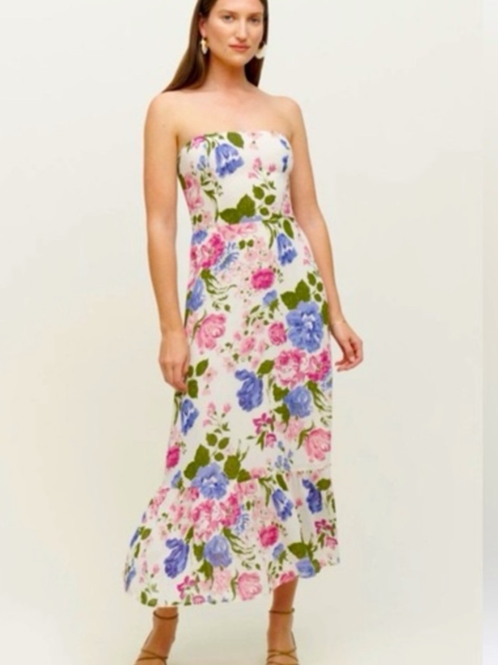 Reformation Strapless Floral Midi Dress in White with Pink & Blue Blooms